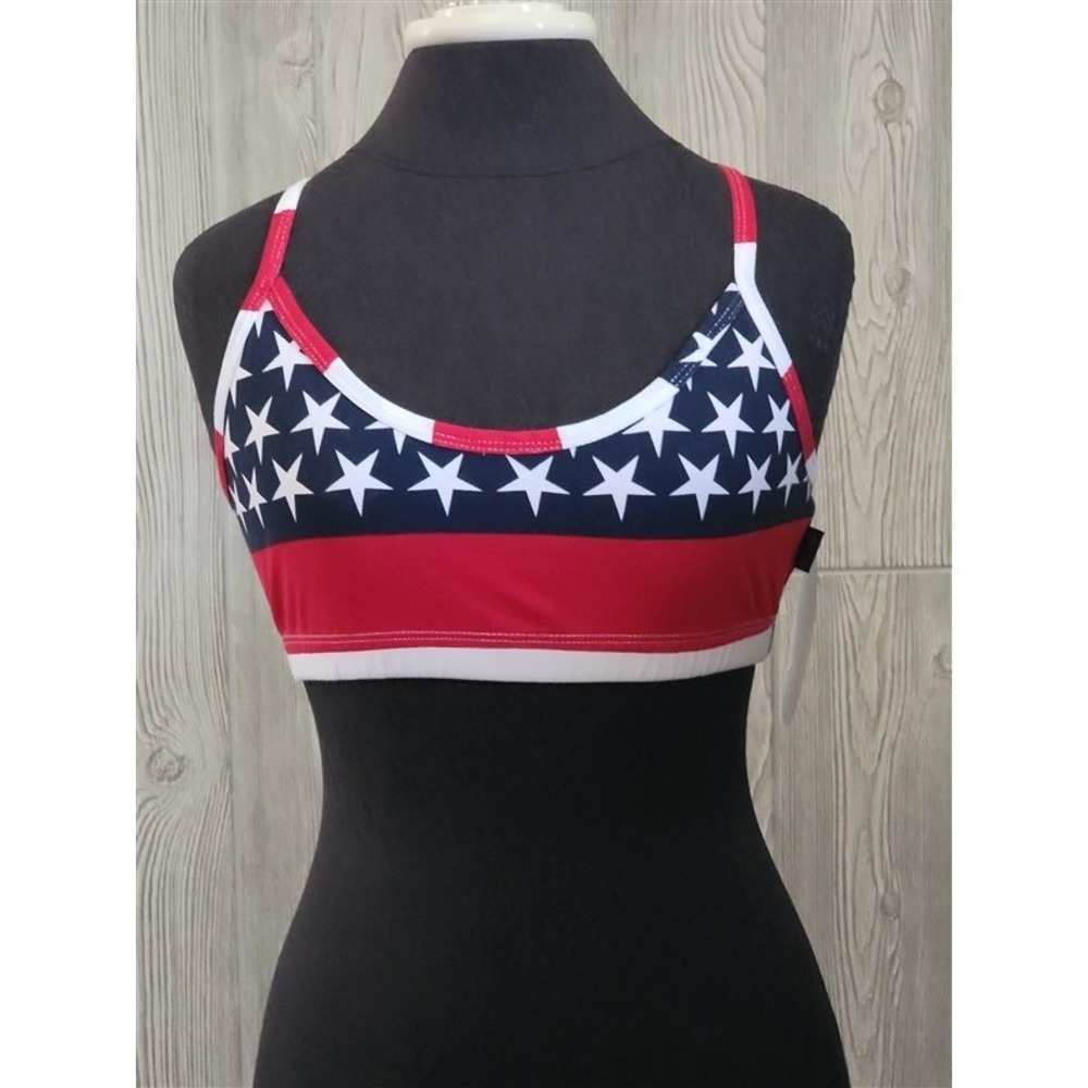 NWT Kos USA L Cross Back Dance Yoga Sports Bra 674 Stars & Stripes Flag #96512